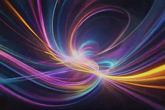 A futuristic animated scene featuring swirling, colorful light patterns and dreamlike shapes in a dark background..png